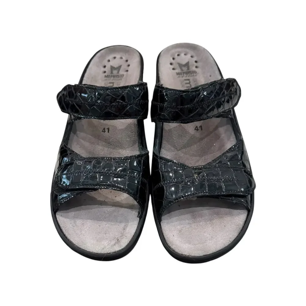 Mephisto Mobils Ulda Black Patent Croc Leather Slide Sandals EU 41 US 10-10.5